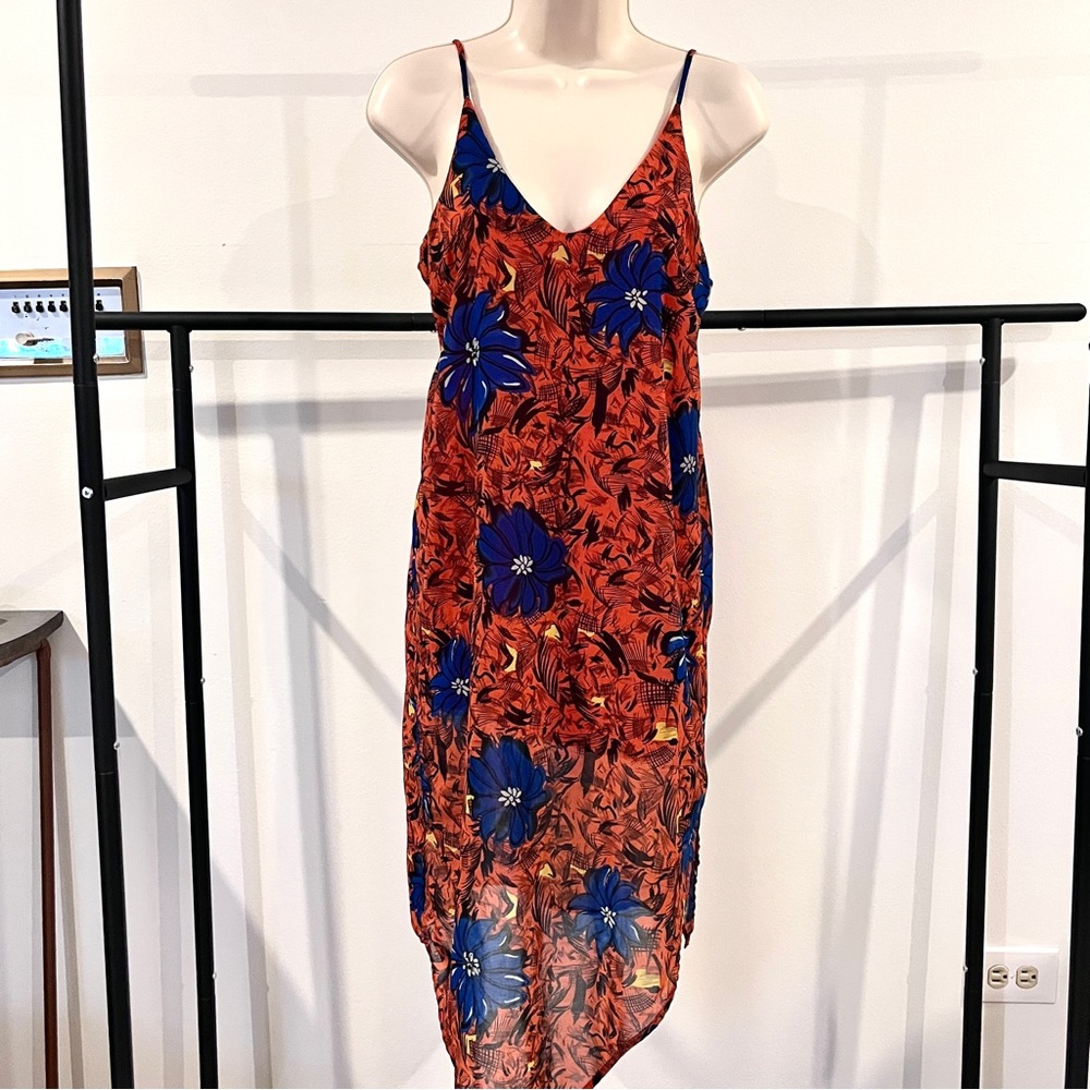 Zara Midi Dress Tropical Boho Vacation Sheer Asymmetrical Spaghetti Strap Small